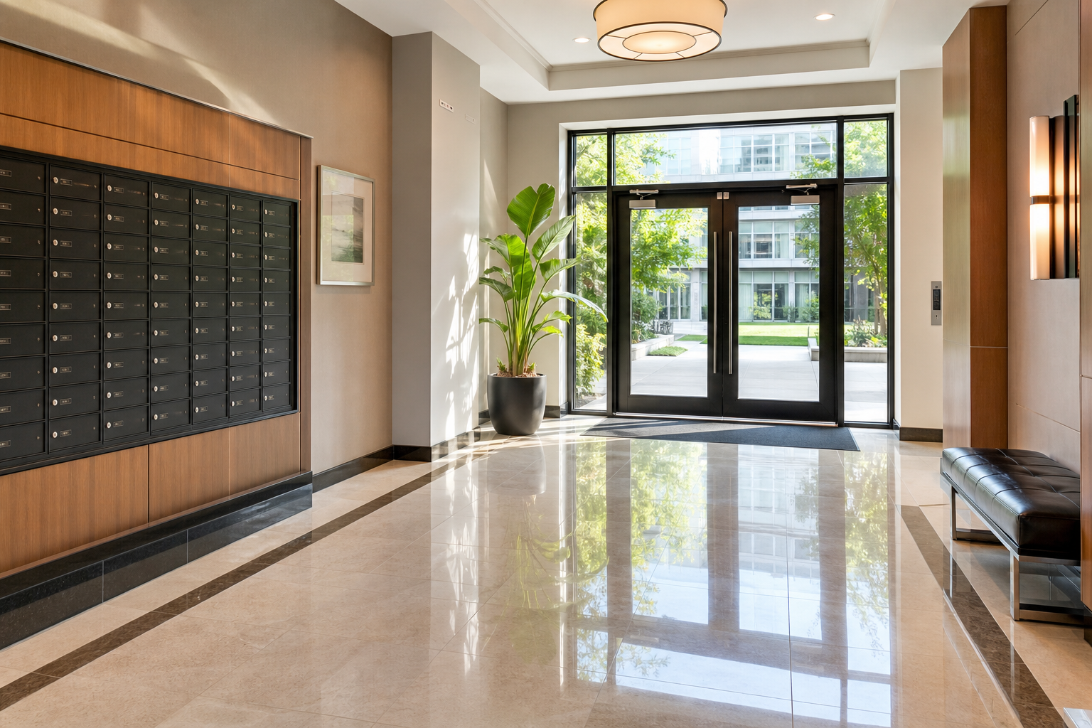 A renter stands in an apartment doorway holding a phone, looking at a maintenance notice on the floor, soft daylight.