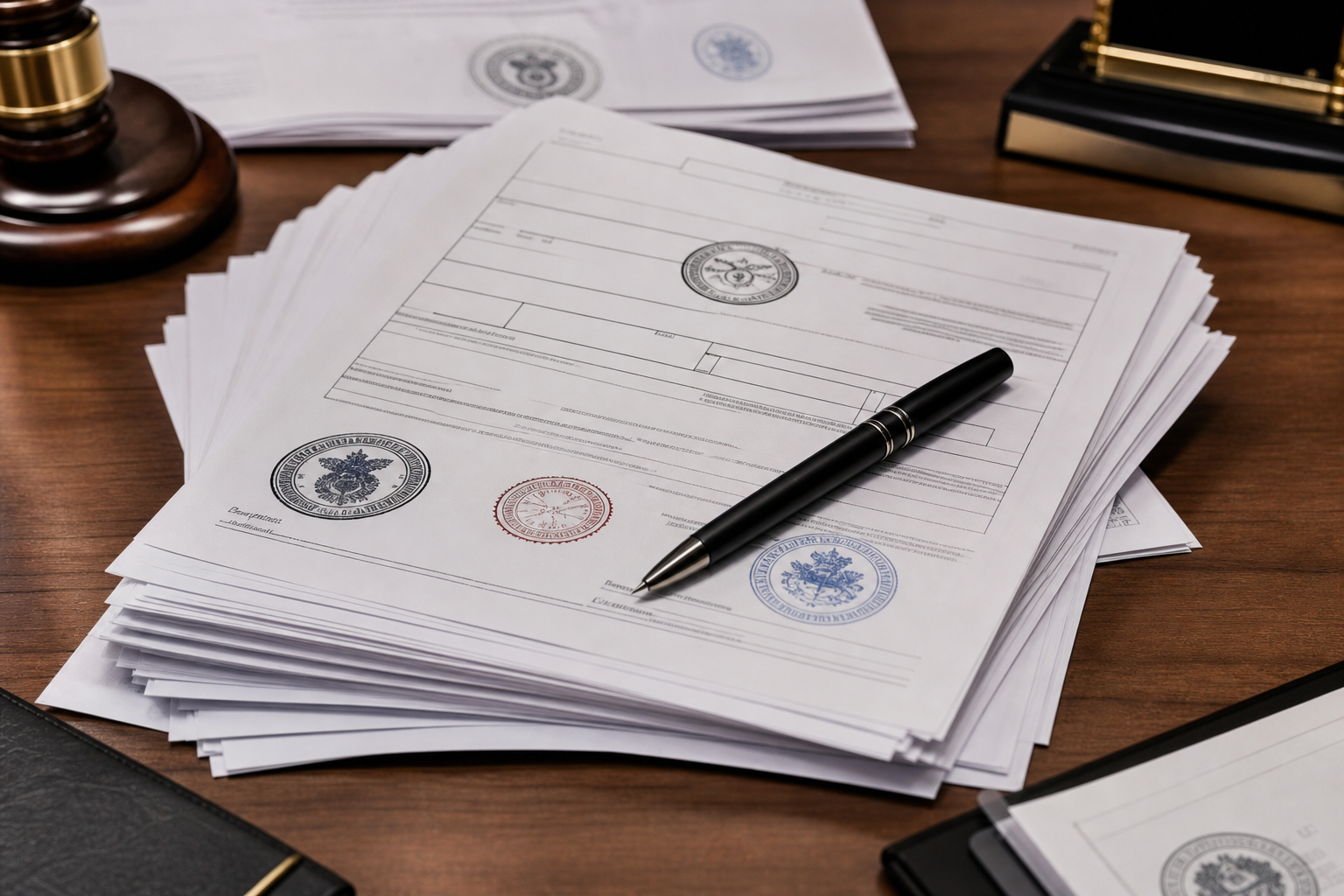 A stack of official court documents with case stamps on a wooden desk, a pen resting on top.