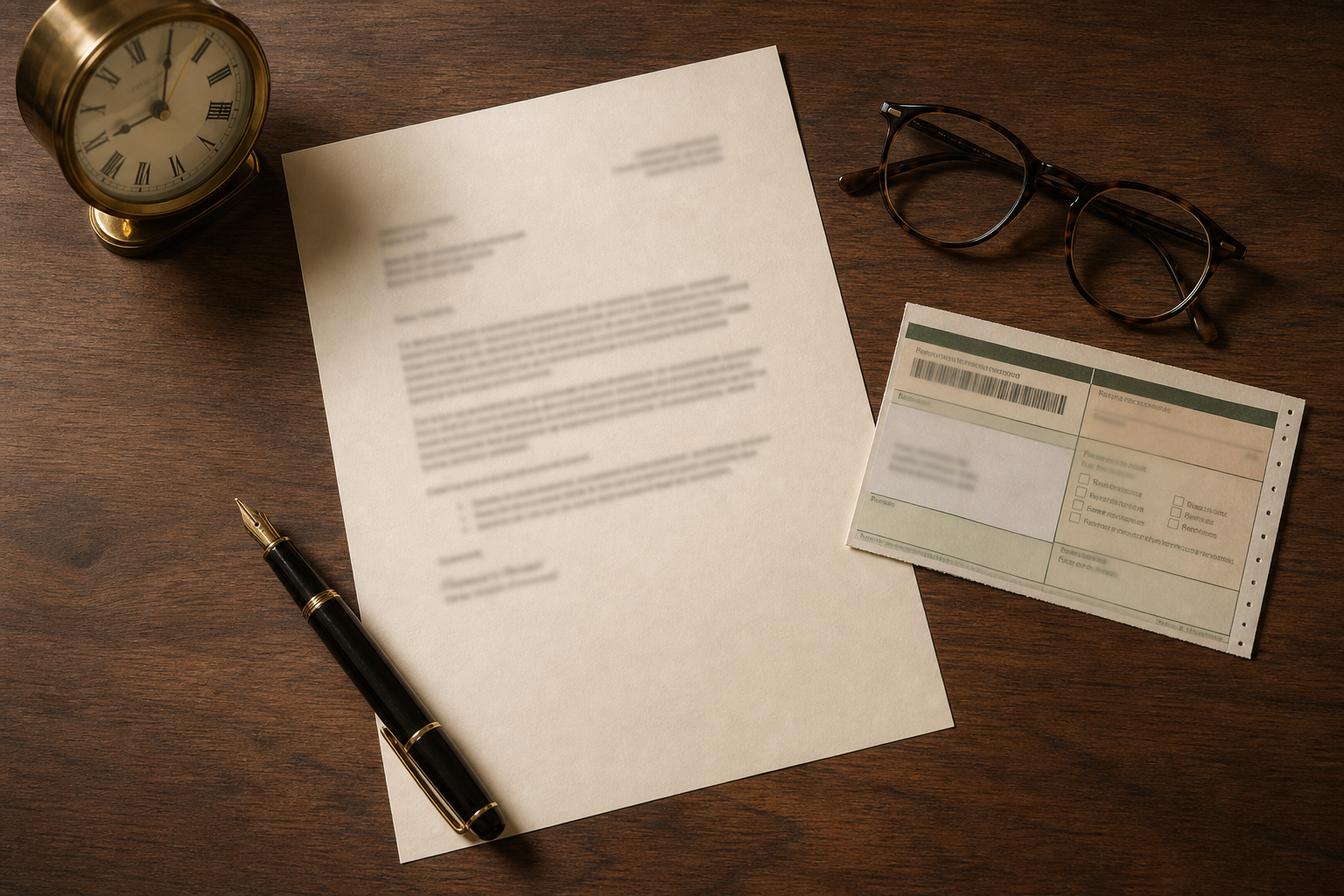 A printed demand letter, a pen, and a certified-mail return receipt on a wooden desk, overhead shot.
