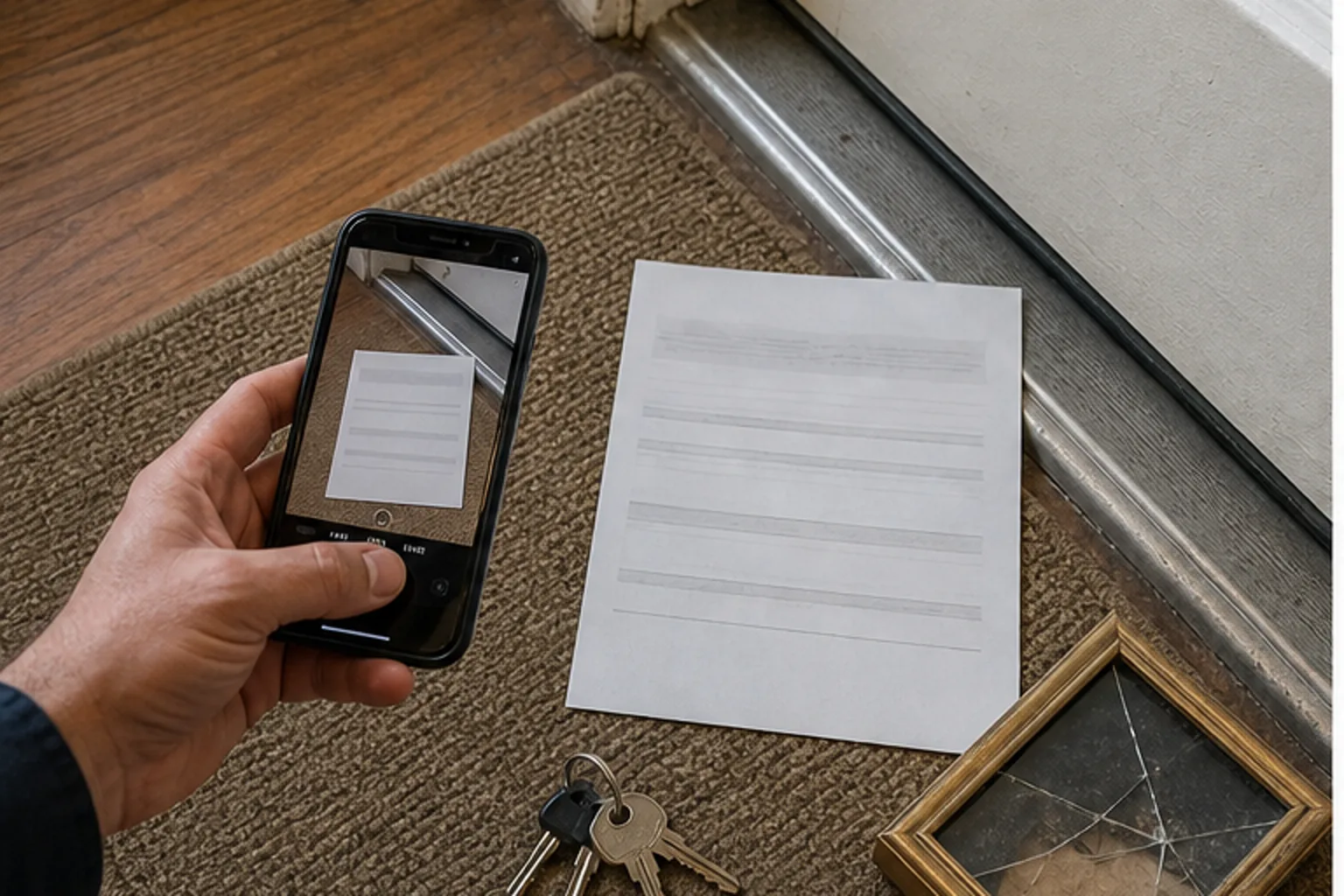 A renter photographs a maintenance notice and damaged picture frame near an apartment entry door.