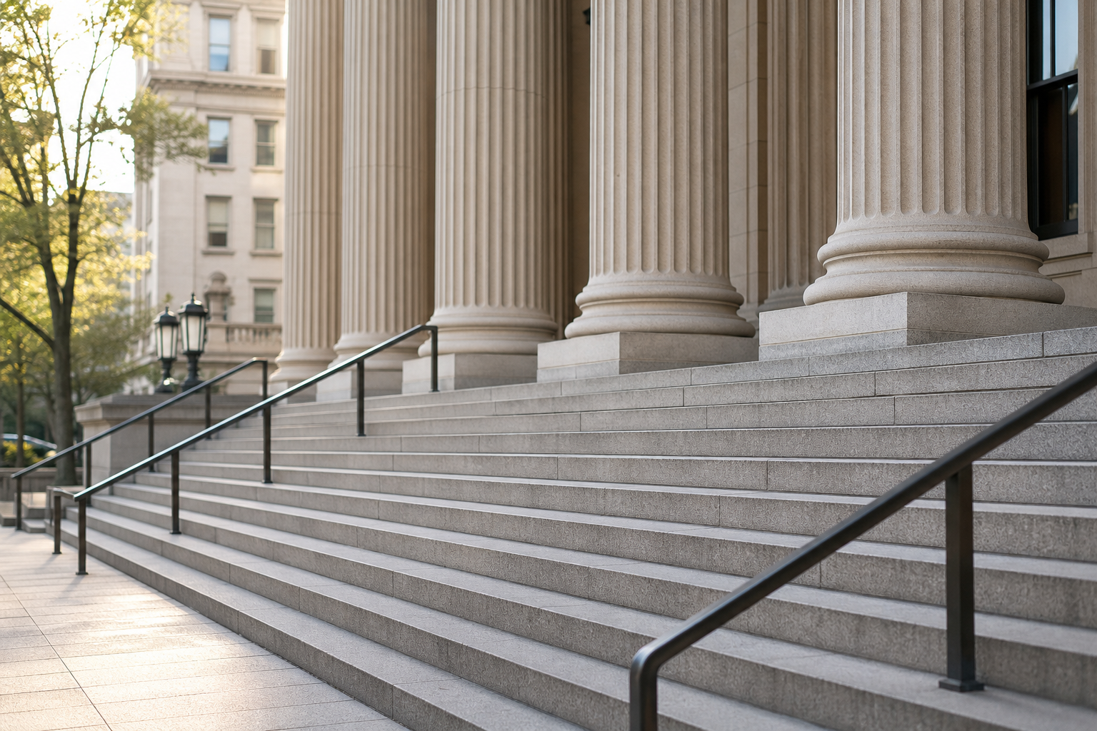 Exterior of a Minneapolis-style civic courthouse facade, sandstone steps and tall doors, no people or signage visible, late morning light.