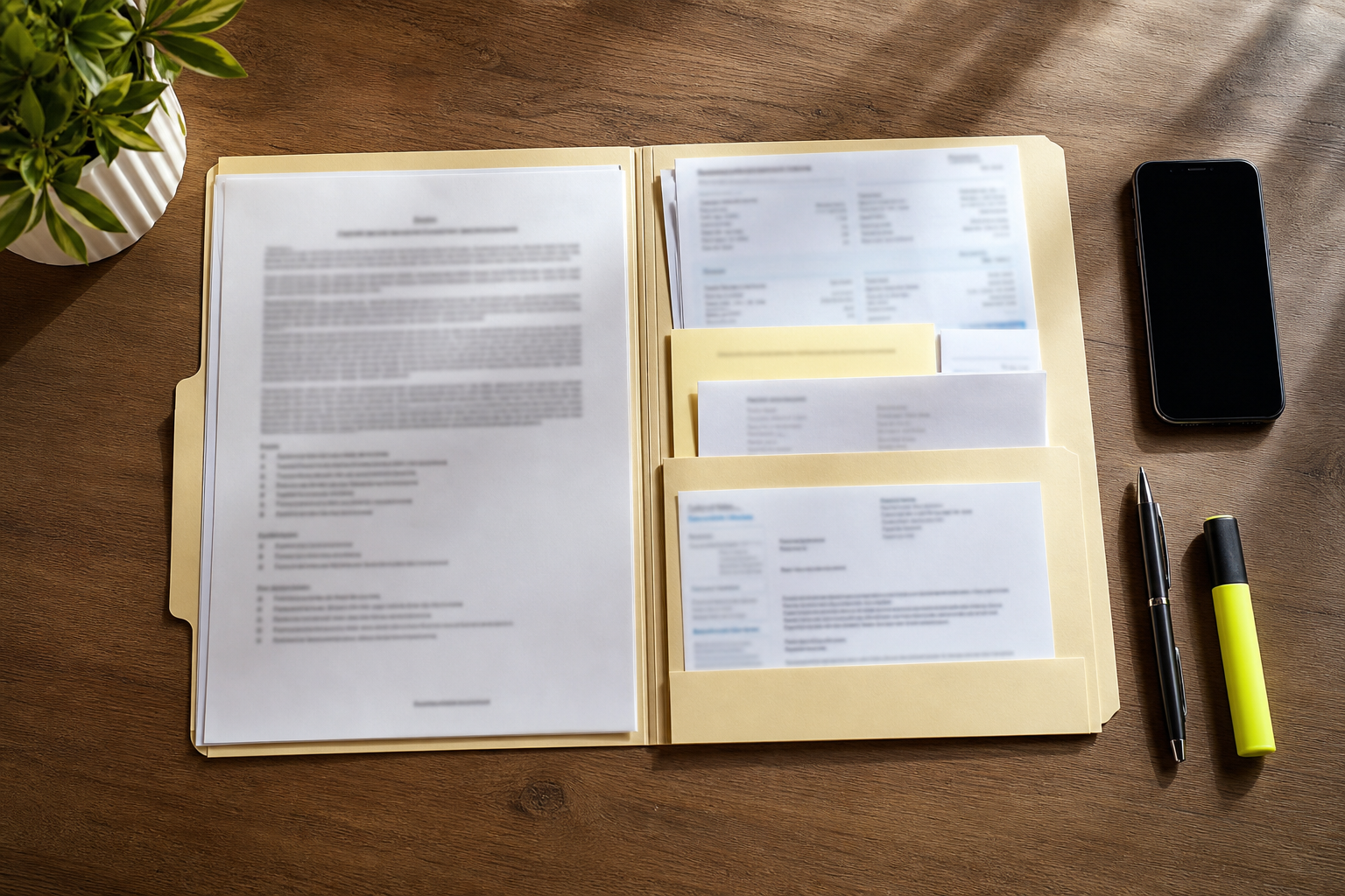 A pile of organized receipts, text-message printouts, and a labeled folder on a wooden desk, overhead shot.