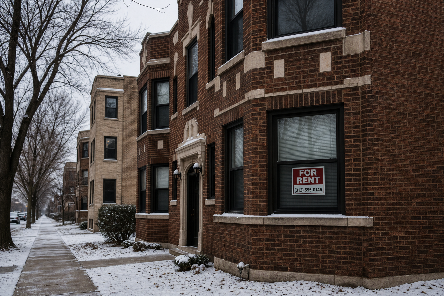 "For Rent" sign in the window of a classic Midwestern brick apartment building, snow on the sidewalk, overcast winter sky.