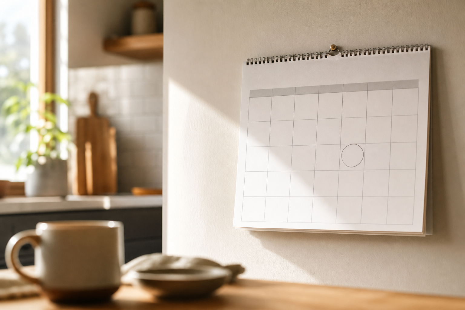 A wall calendar in a sunlit modern apartment kitchen, one square gently circled in pencil, soft morning light.