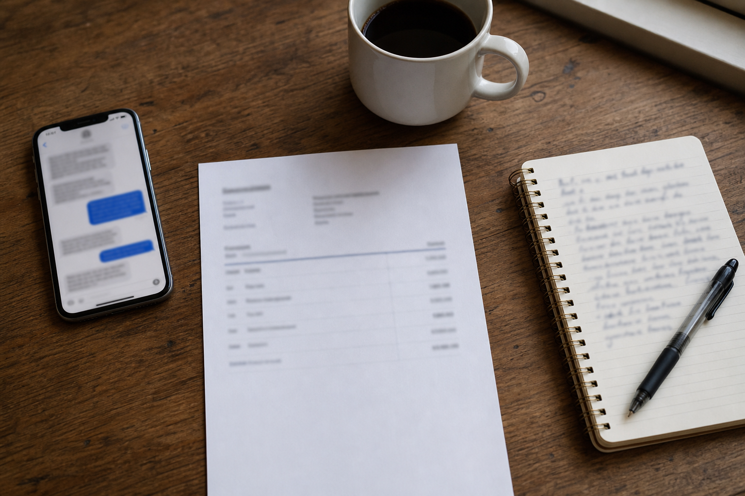 A phone screen showing a Venmo or bank transfer with a clear memo line, alongside a handwritten notebook page tracking rent payments, overhead shot.