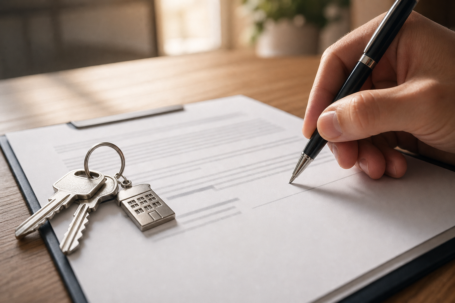 A close-up of a lease agreement being signed by a pen, a set of apartment keys resting beside it on a table.