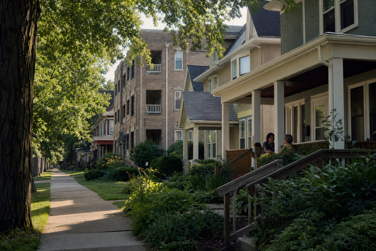 A friendly Minneapolis neighborhood block with tree-lined sidewalks and people chatting on a front stoop in warm summer light.