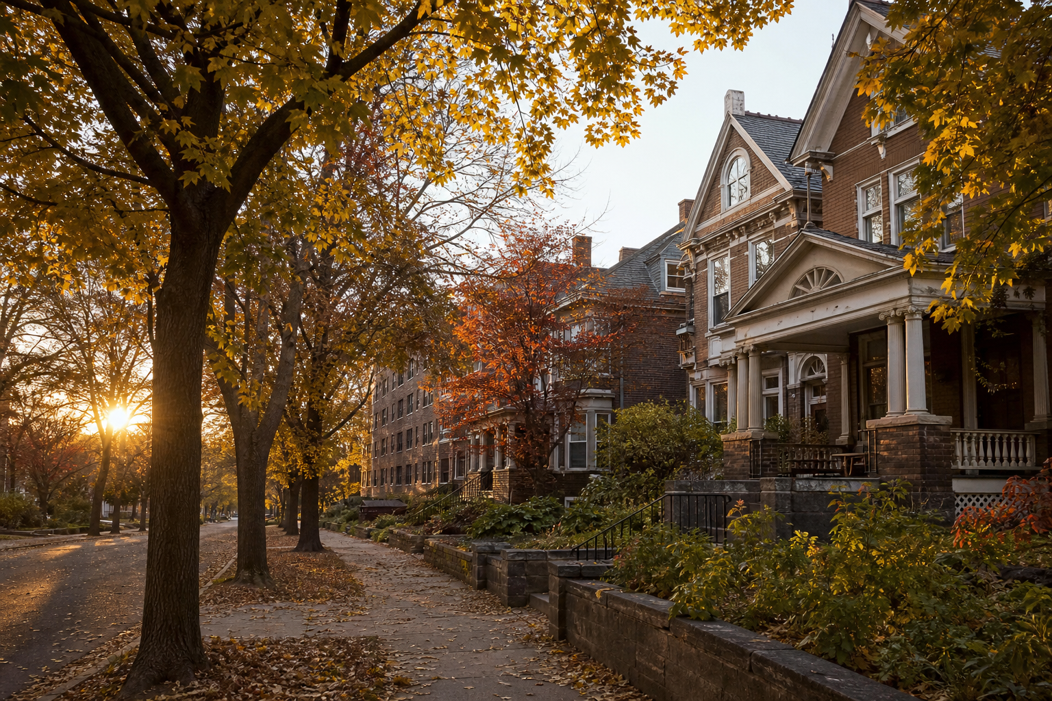 A quiet tree-lined residential street in Saint Paul with classic brick apartment buildings, late afternoon golden light.