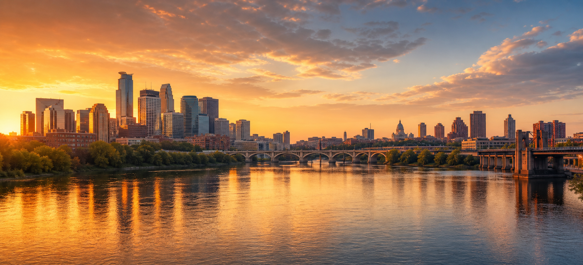 Wide panoramic view of the Twin Cities skyline at golden hour, both Minneapolis and Saint Paul visible across a calm river.