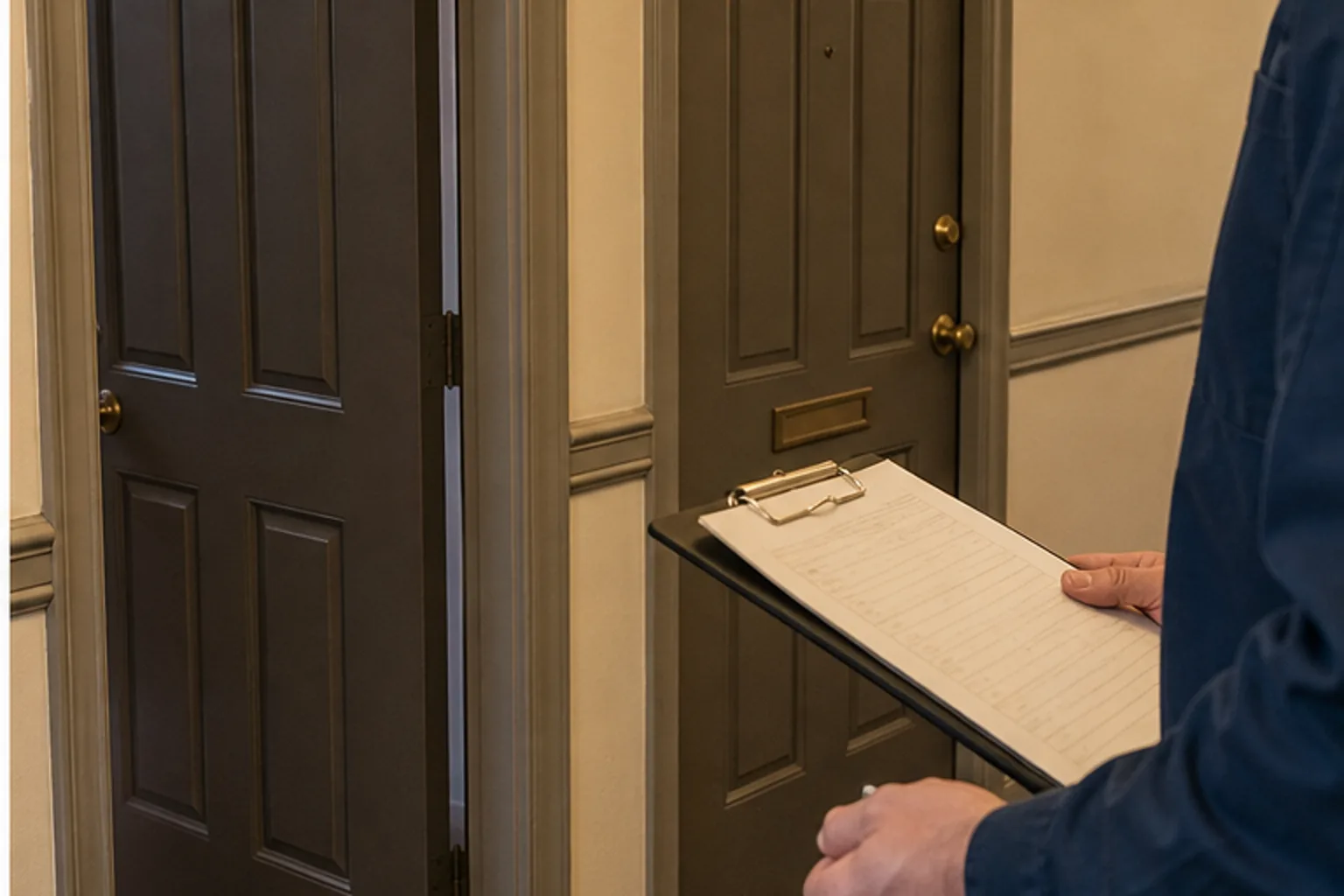 A maintenance clipboard and key ring outside apartment doors, suggesting a wrong-unit entry mistake.